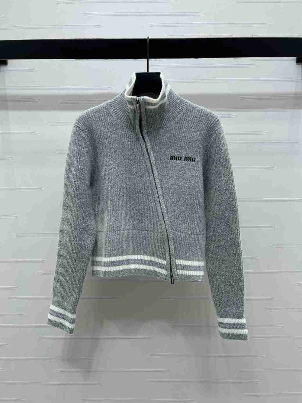 Miu Miu Gray Knit Zip-Up Bomber with White Trim